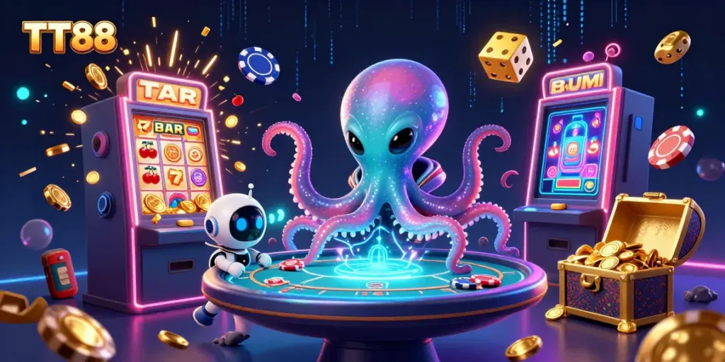 Engaging TT88 3D scene with an alien octopus at a poker table, showcasing vibrant casino elements.