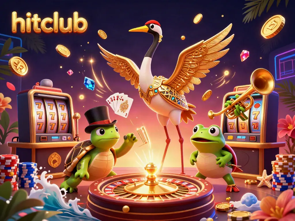 Join the excitement at hitclub with vibrant casino illustrations showcasing games and lively characters.