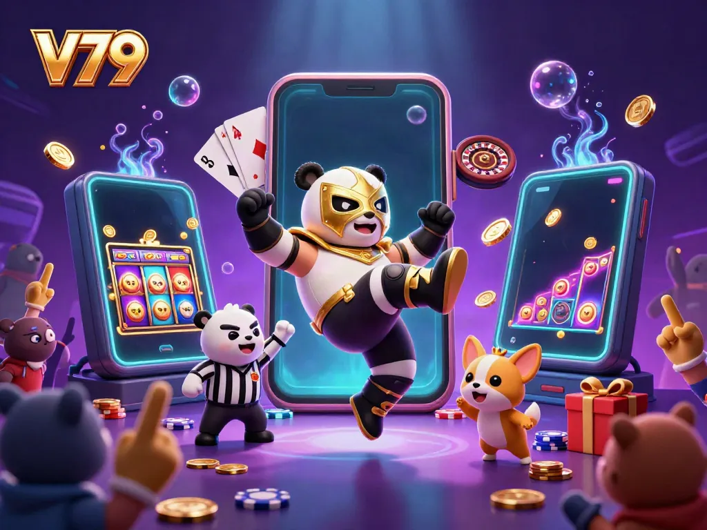 Experience thrilling gaming action with V79's fun-filled, vibrant scene featuring animated casino characters.
