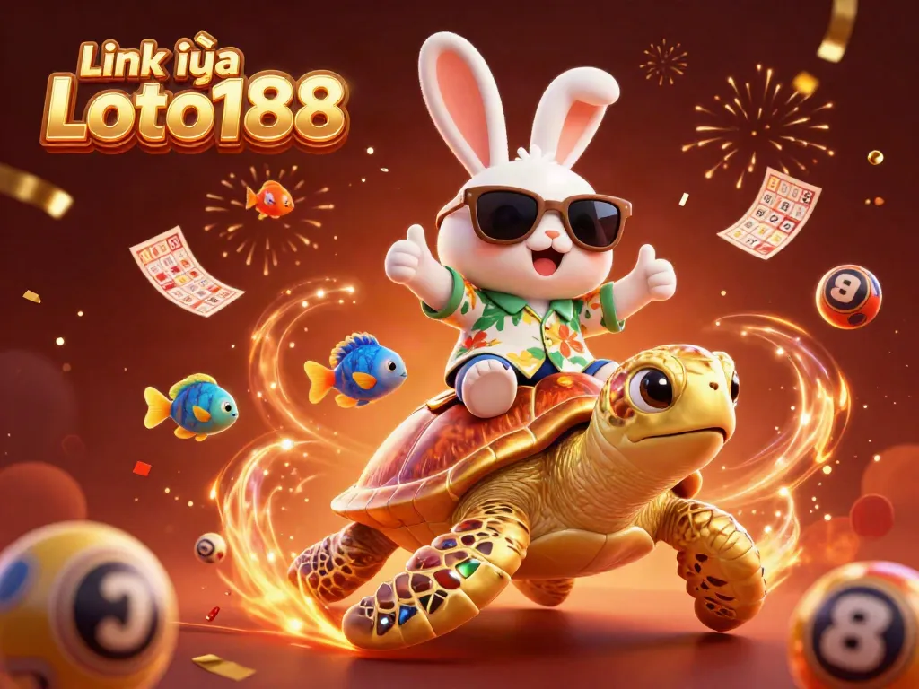 Experience the excitement with Link vào Loto188 as the lucky rabbit rides a golden turtle in a vibrant casino scene.