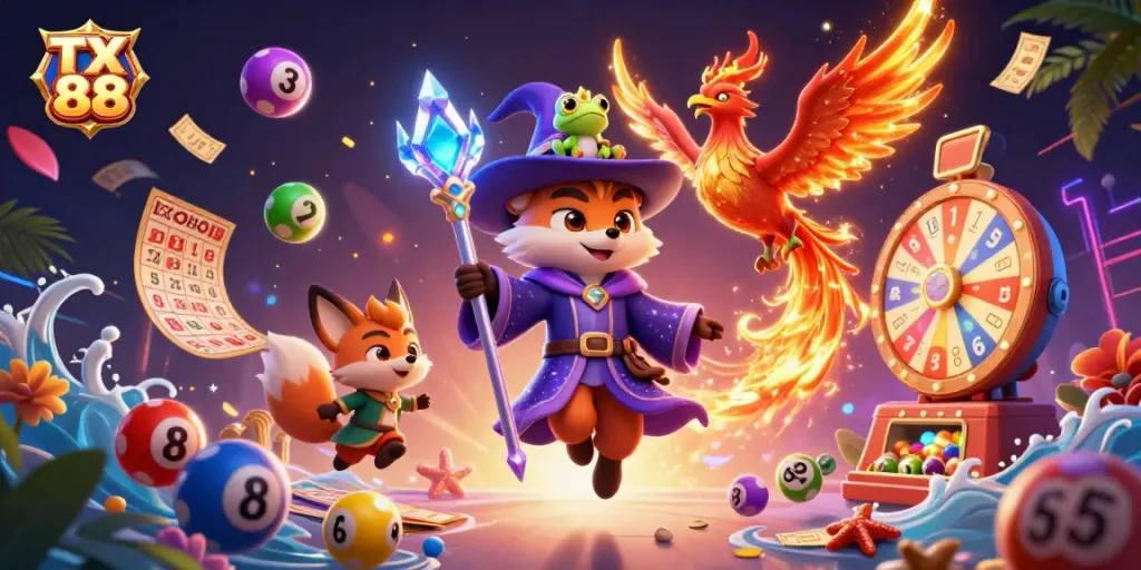 Experience thrilling moments at TX 88 with magical characters amid lively lottery elements.