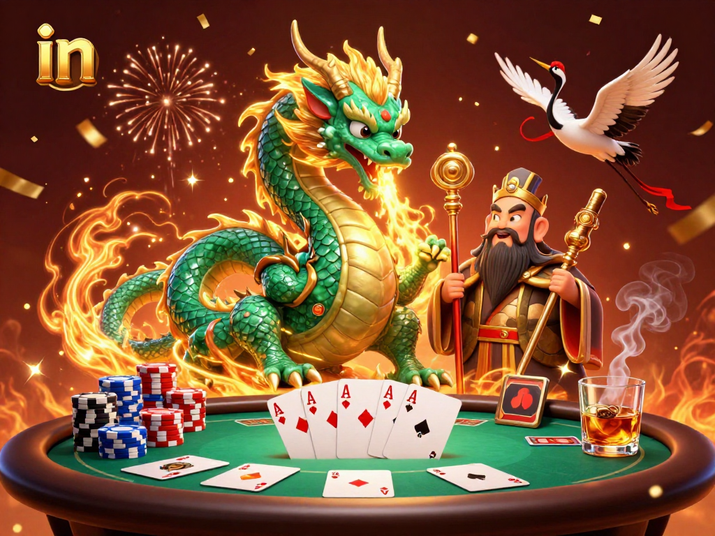 Ignite your luck at the poker table in a dynamic casino scene featuring a jade dragon and wise sage.
