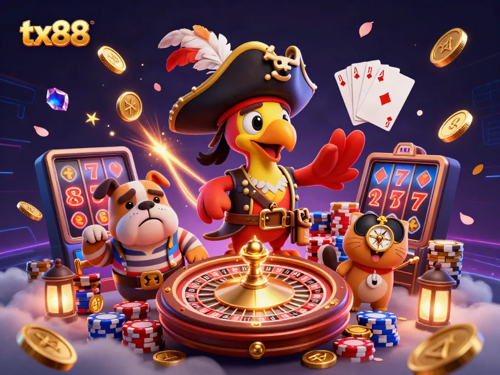 Experience the thrill of tx88 with vibrant casino characters amid sparkling gemstones and golden coins.