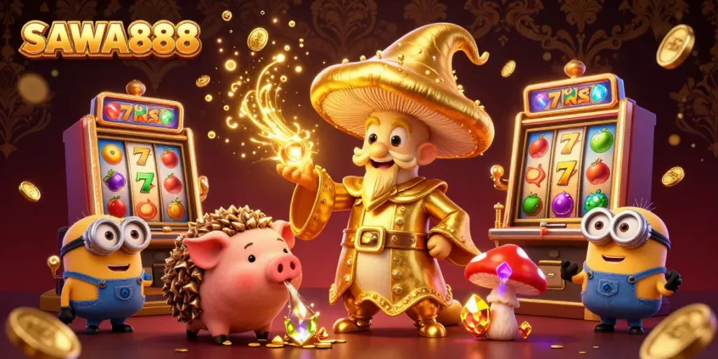 SAWA888 features a magical golden mushroom wizard and truffle pig in a vibrant casino scene.