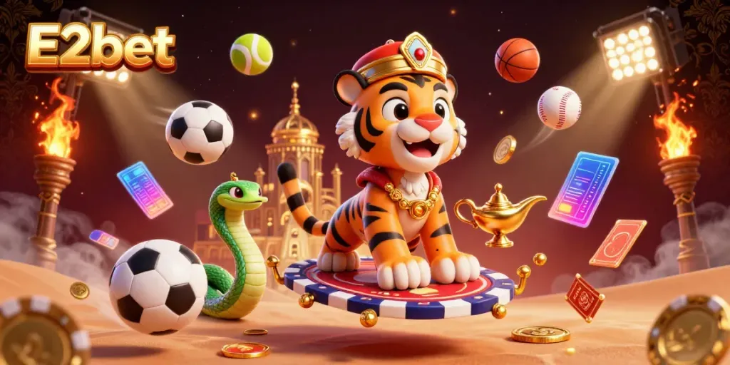 Engaging E2bet casino scene with an Arabian-themed sultan, dynamic sports elements, and a vibrant atmosphere.