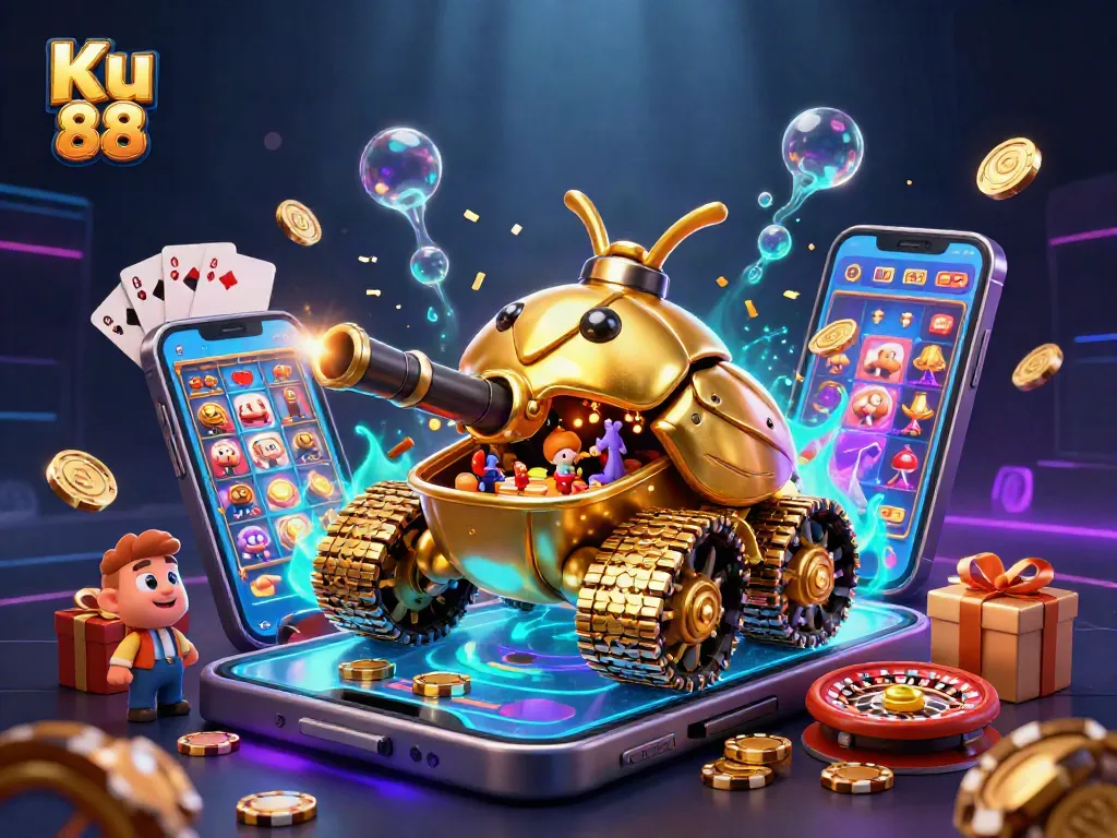 Experience exciting gaming at Ku 88's innovative miniature casino inside a golden beetle tank.