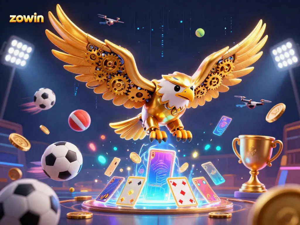 Zowin showcases an exciting 3D casino scene featuring a golden eagle amidst flying sports elements.